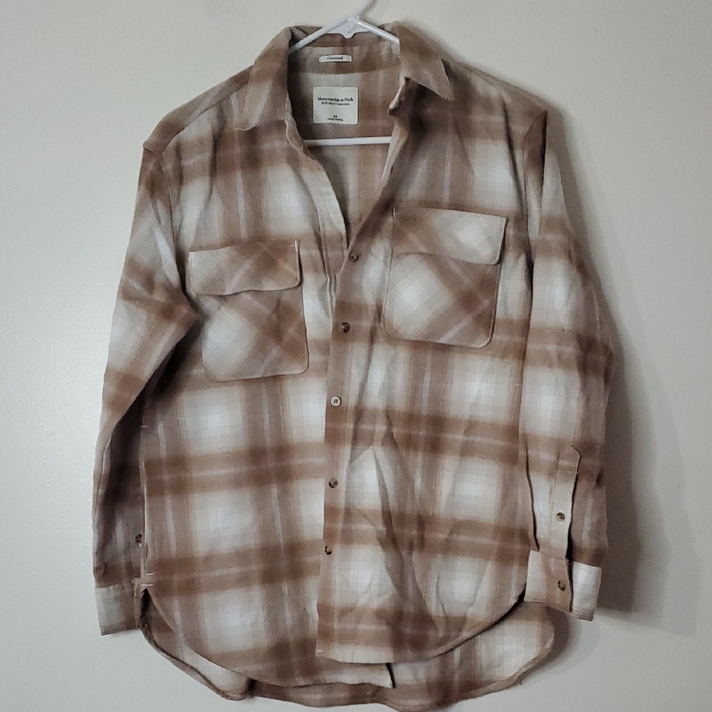 Womens Abercrombie & Fitch Soft Plaid Flannel Shacket Size XS Oversized Neutral